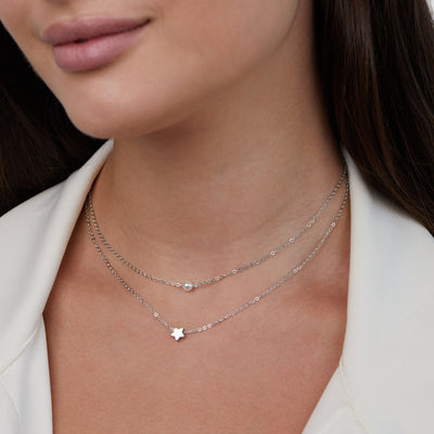Layered Silver Star Pearl Necklace