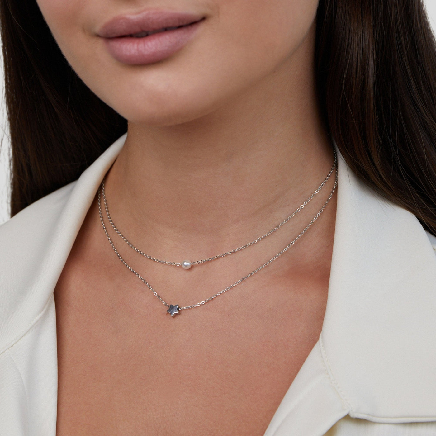 Layered Silver Star Pearl Necklace