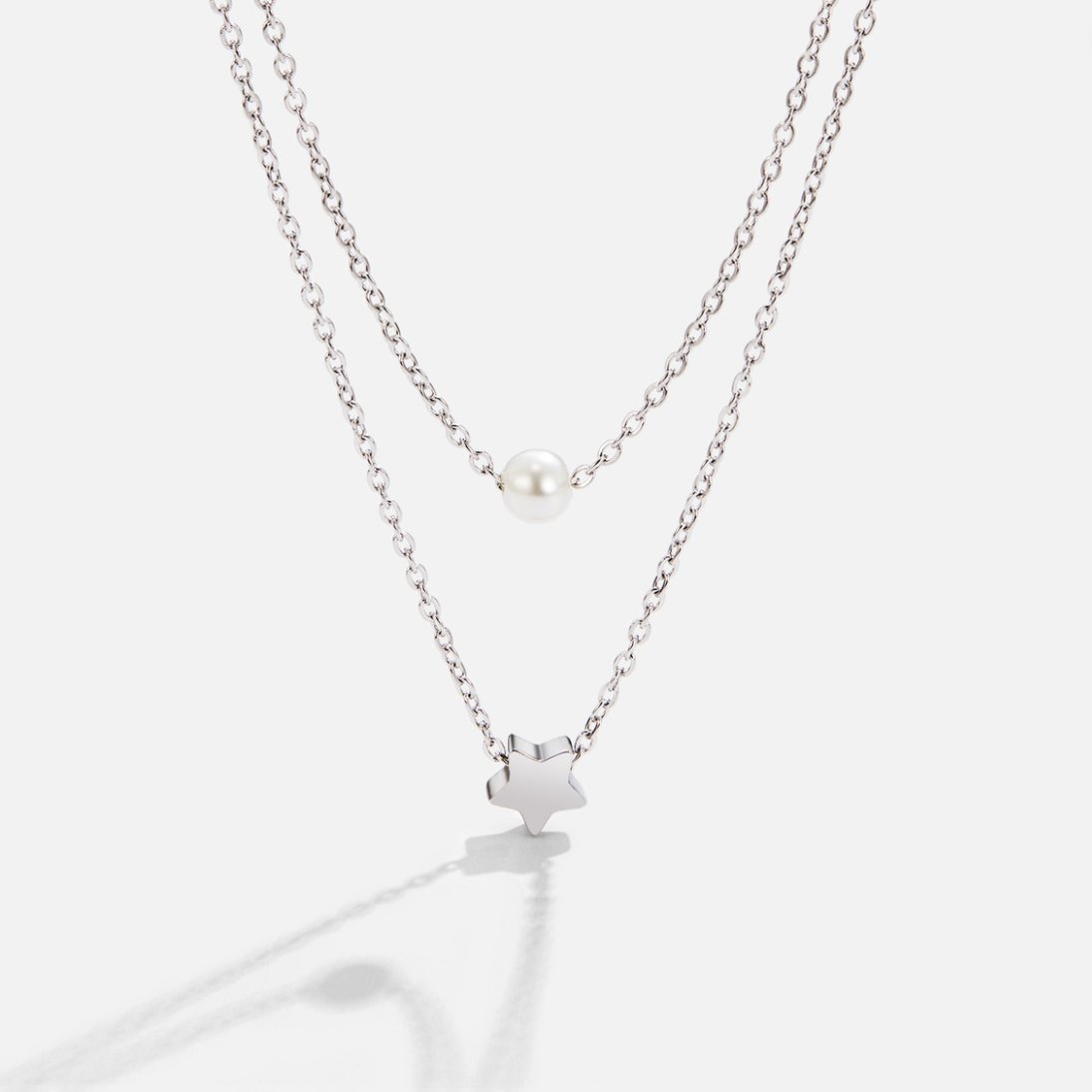 Layered Silver Star Pearl Necklace